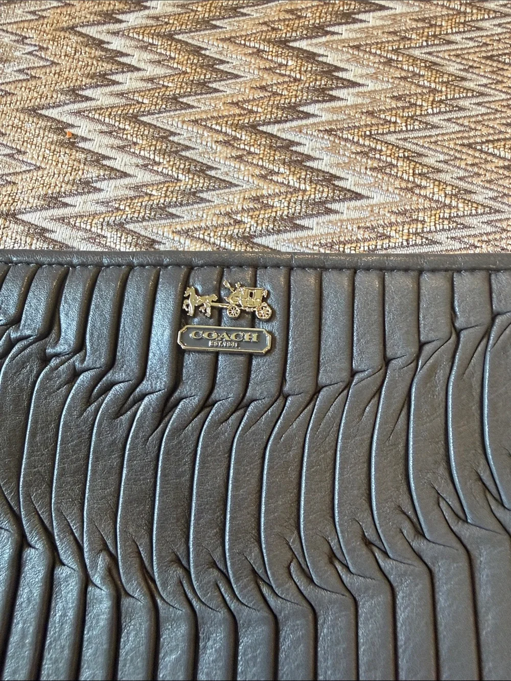 Coach Black Pleated Leather Wristlet Clutch with Logo Plaque NWOTS.
